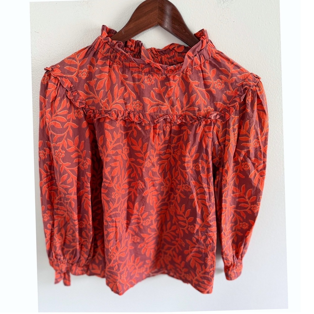 Olivia James The Label Women's Orange Floral Block Print Ruffle Neck Size XS Top